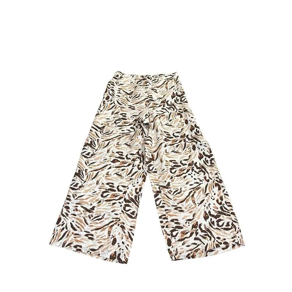 Tahari Womens Leaf Print Elastic Waist Linen Wide Leg Pull-on Pants Tan Brown XS